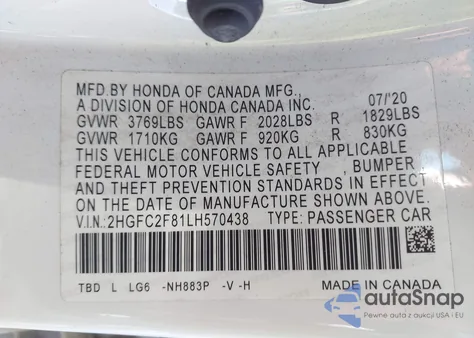 2020 Honda Civic Sport z USA, uszkodzony, nr VIN 2HGFC2F81LH570438